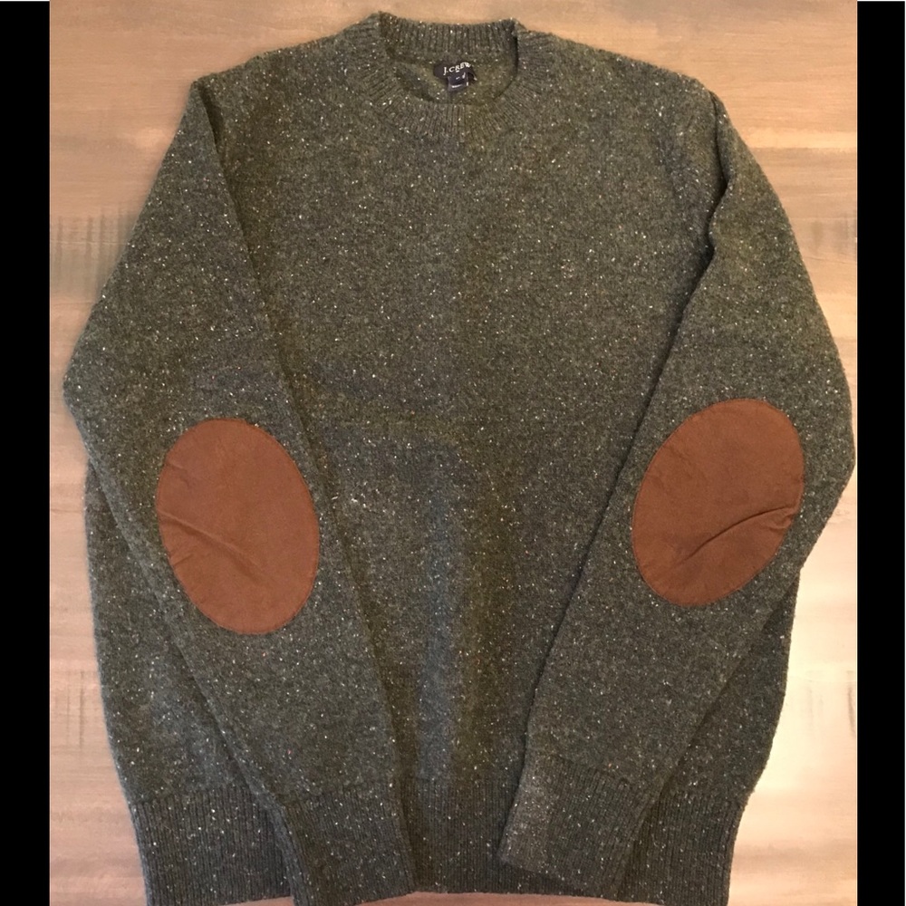 Unisex J. Crew Factory Green Crewneck Sweater with Brown Elbow Patches